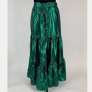 J.CREW NWT Tiered Maxi Skirt Metallic Lamé Green
